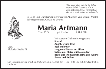 Traueranzeige von Maria Artmann von Pegnitz-Zeitung